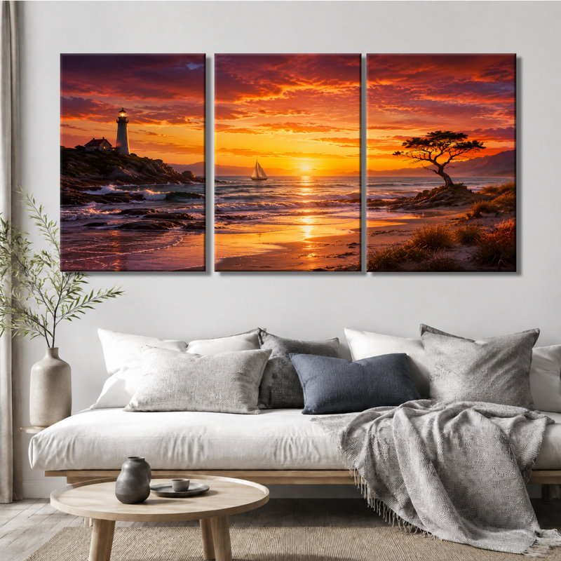 3 panneaux d'art mural, impression de toile tendue paysage coucher de soleil océan, 28 * 40 pouces * 3