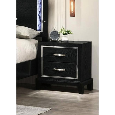 Table de chevet contemporaine pour chambre à coucher noire avec poignées et pieds fuselés, 2 tiroirs, H 23 po x 16 po 24 po, table de chevet en bois d'hévéa à particules et densité moyenne, design, utilisation, planche
