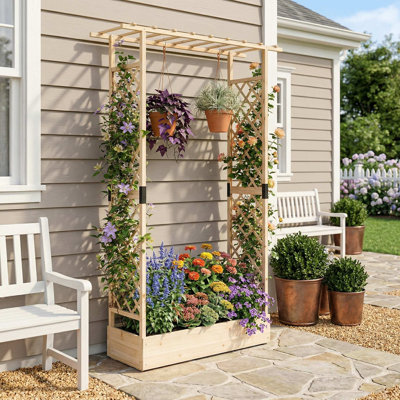 Lit de jardin surélevé en bois massif de 89 pouces de hauteur avec toit à abat-jour suspendu amovible en treillis pour plante grimpante latérale robuste et base de trous anti-basculement stable