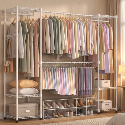 55.5" - 78.7" W Heavy Duty Expandable Closet System with 6 Adjustable Shelves and 4 Hanging Rods, Metal Garment Rack