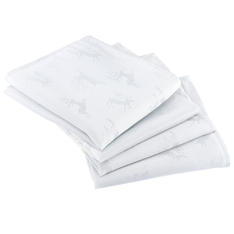 Christmas Deer Embossed Design 70in Tablecloth and 6 Napkins, White/Metallic Silver