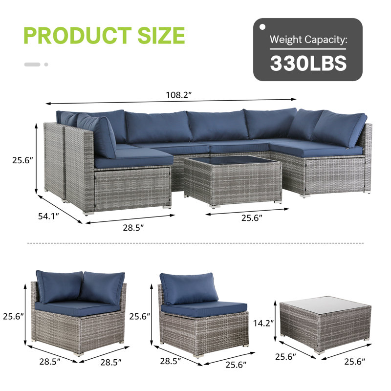 Ensemble de conversation modulaire de 7 pièces en résine tressée résistant aux intempéries pour patio, avec coussins et table basse.