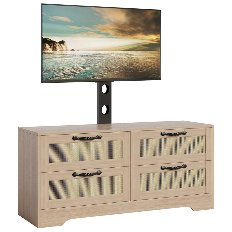 Meuble télé en rotin avec support - Meuble télé 4 tiroirs avec commode pour téléviseur de 70 po ou moins, Bois naturel
