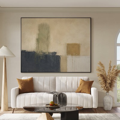 Extra Large Wall Art Fabric Print - Minimal Abstract Composition with Soft Beige Olive and Charcoal Layers Muted Earth Tone Blocks Contemporary Calm Interior Design for Living Room or Bedroom - "Frame Assembly Required (Unfinished Frame)"