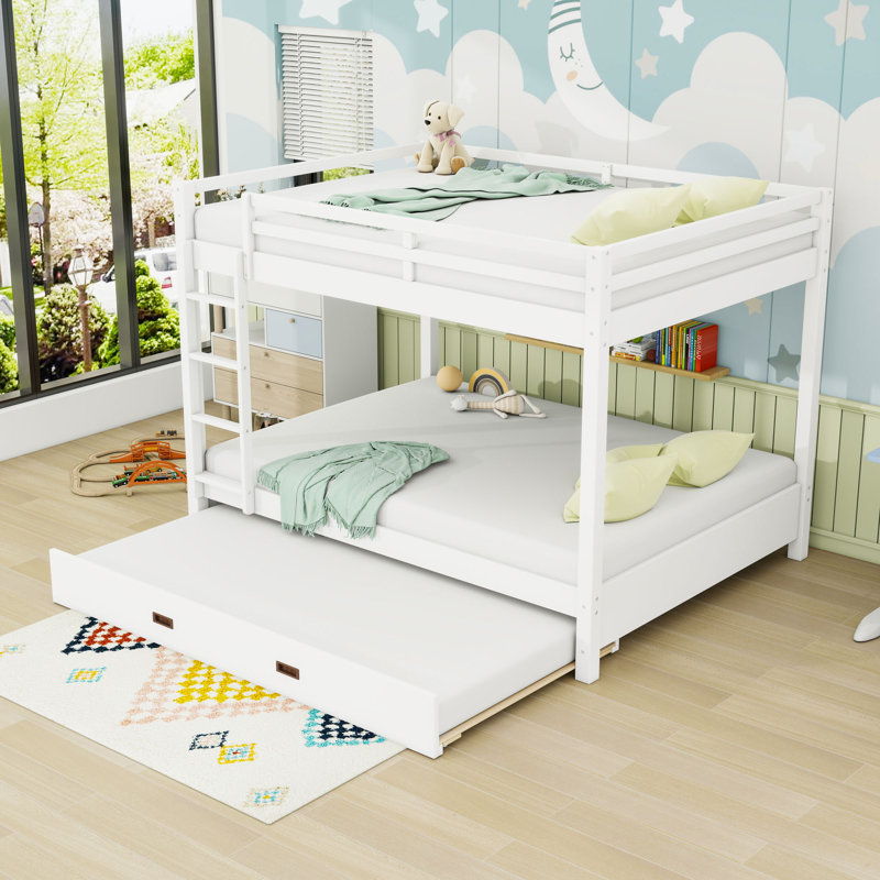 Queen Over Queen Wood Bunk Bed With Ladder And Twin XL Trundle, White