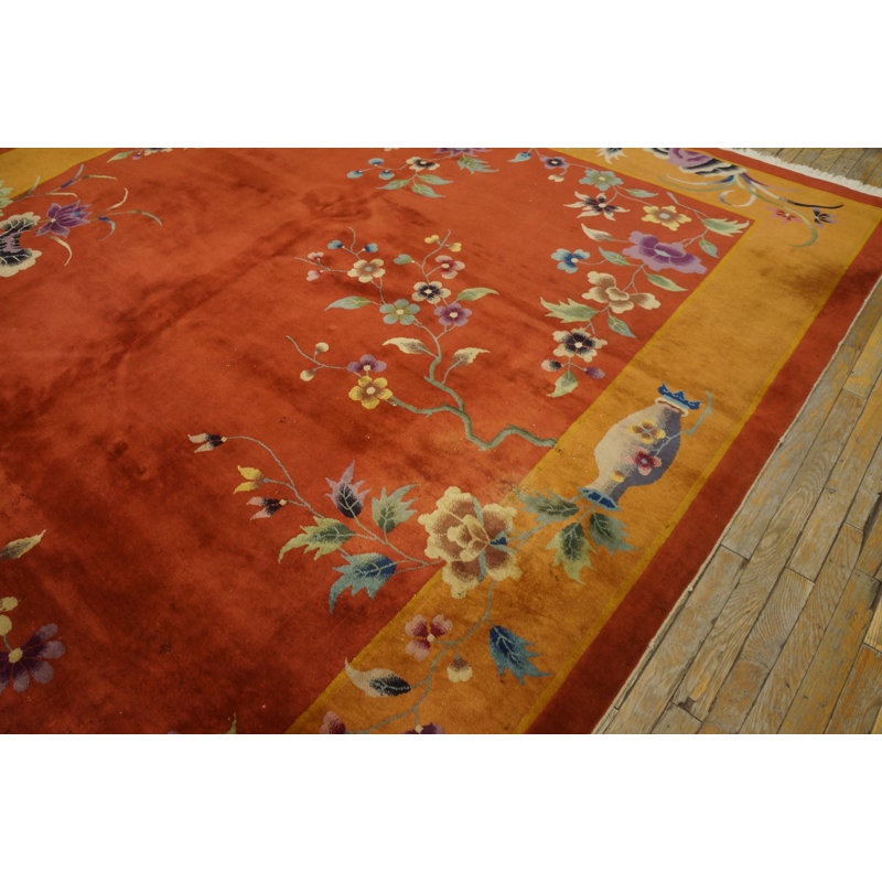 Rectangle Coral / Salmon Pink 1920s Hand Knotted Pile Wool Antique Rug