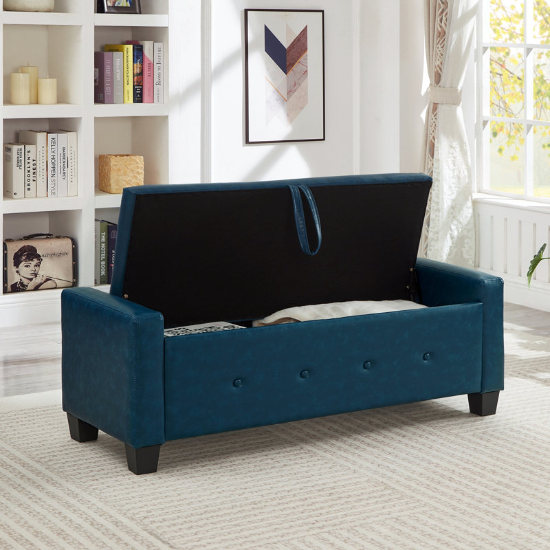48" Ottoman Bench With Storage, Bench For Bedroom,Living Room,Hallway, Upholstered Tufted Faux Leather Pu Ottoman, Blue