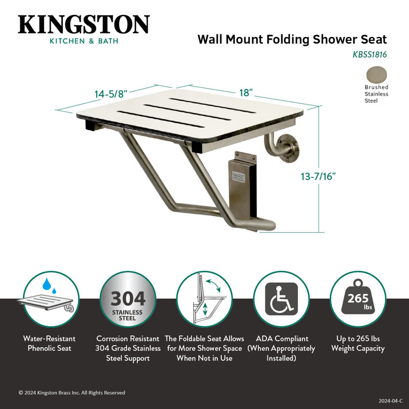 Siège de douche mural en laiton 18 po ADAscape Kingston, Brushed Stainless Steel