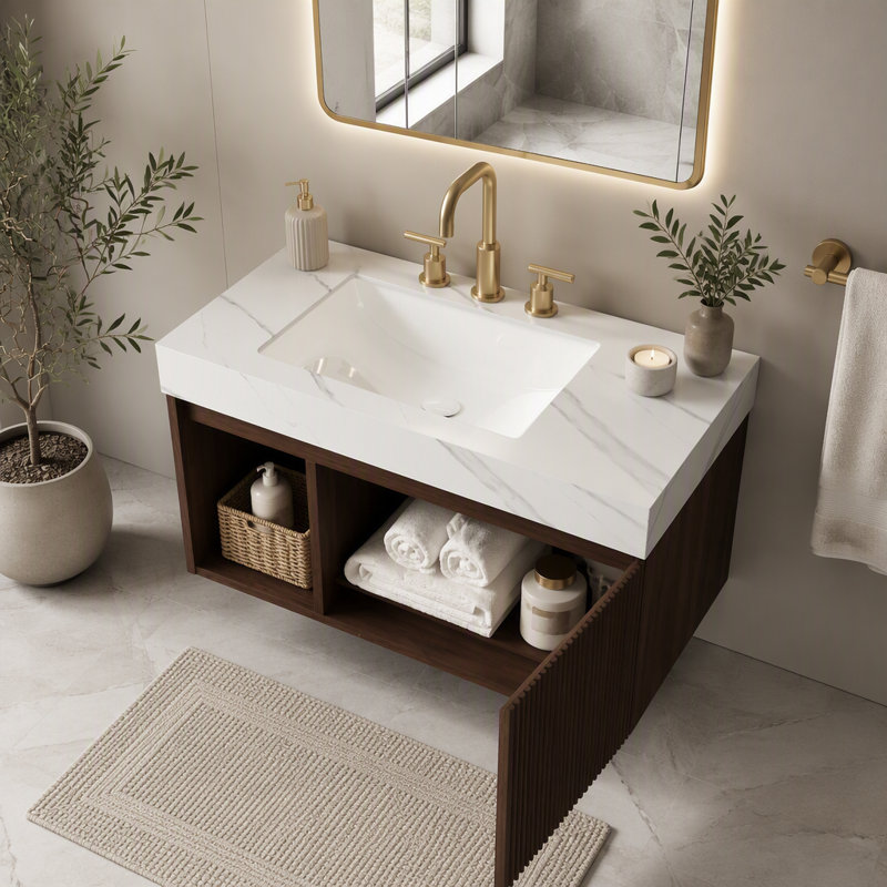 Meuble-lavabo mural de 76 cm avec lavabo intégré, armoire cannelée et éclairage à détecteur de mouvement, 30" W