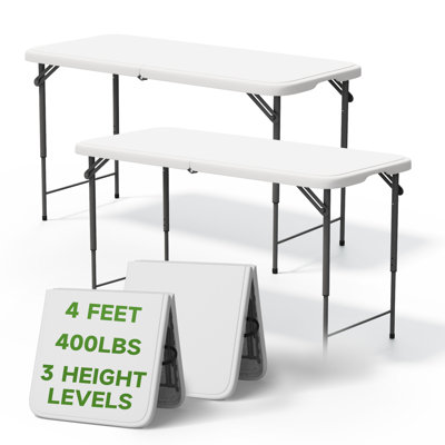  4-Foot HDPE Plastic Folding Table, Adjustable Height, 400 lbs Capacity Heavy Duty, Indoor/Outdoor Use (2-Pack)