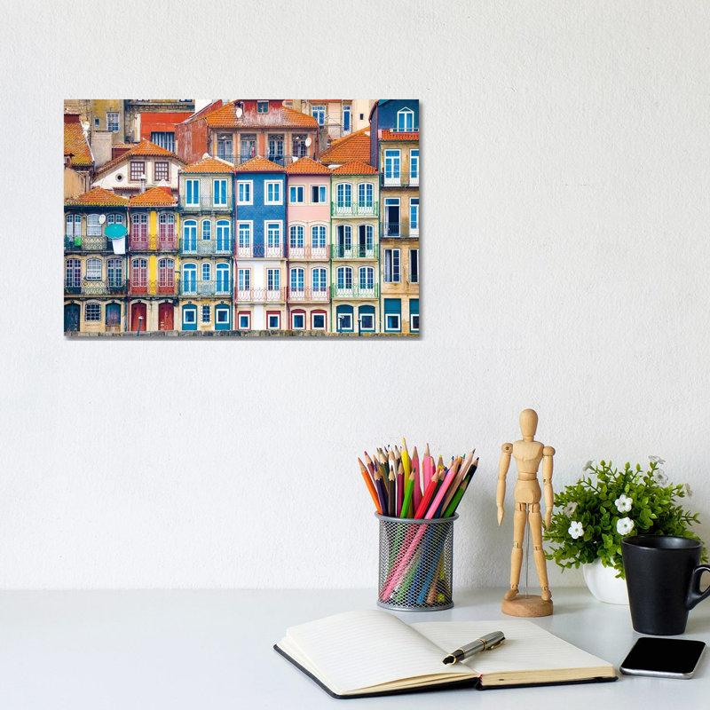 Europe, Portugal, Porto. Colourful Building Facades Next To Douro River. by Jaynes Gallery - Wrapped Canvas Print
