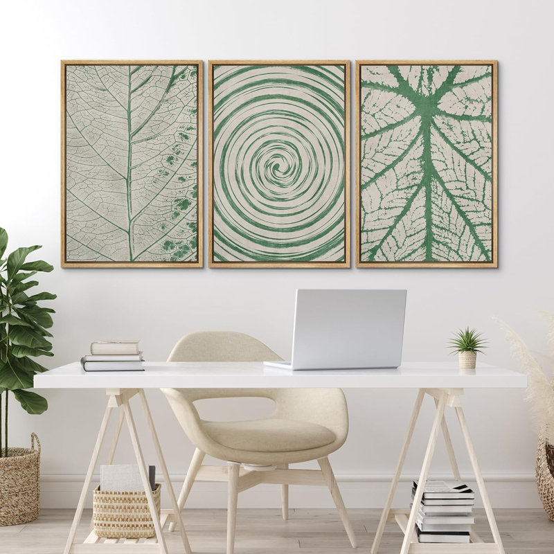 Abstrait botanique vert, feuilles blanches, 3 pièces, Naturel, H 24 po x l 16 po x P 1,5 po
