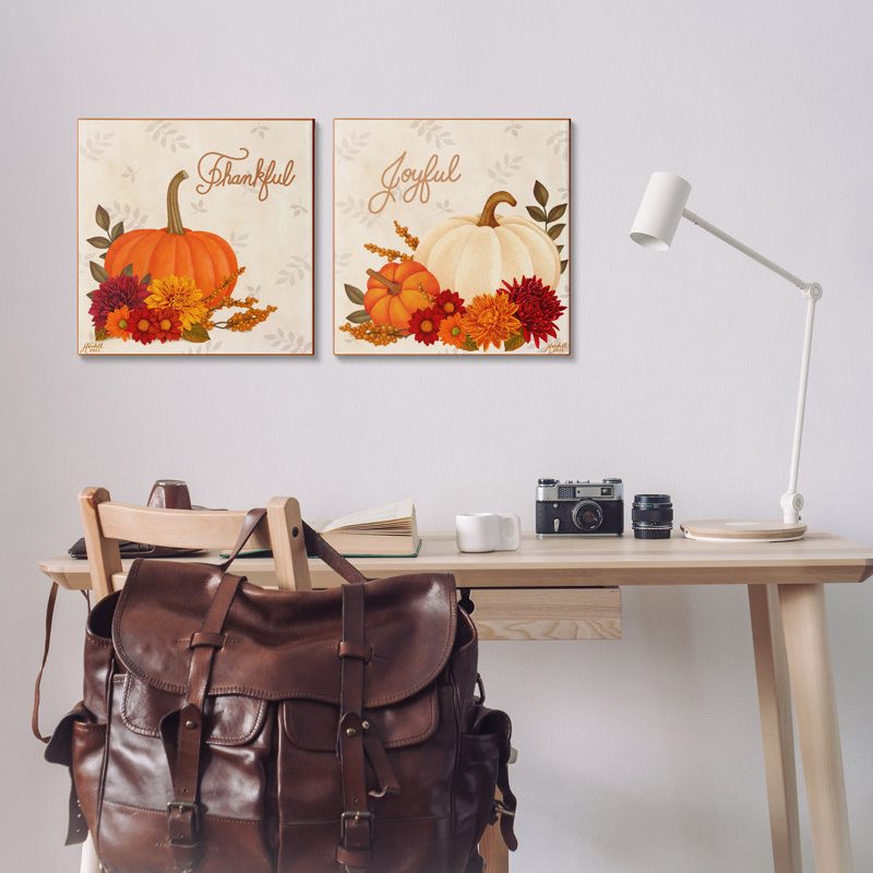 «Joyful Thankful Sentiment Pumpkin», ensemble de 2 toiles murales par Mardell Schuster, H 17 po x l 17 po