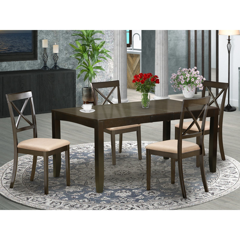 5 Piece Dining Room Table Set Includes a Rectangle Kitchen Table with Butterfly Leaf and 4 Linen Fabric Dining Chairs, Cappuccino