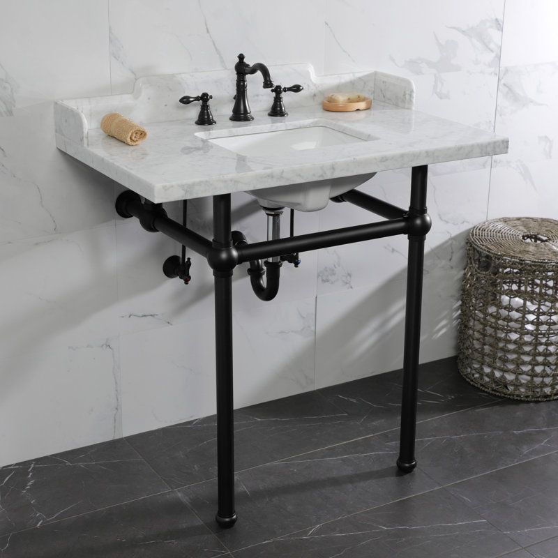 Kingston Brass Pemberton 36-Inch Carrara Marble Console Sink with Brass Legs (8-Inch, 3-Hole), Marble White/Matte Black