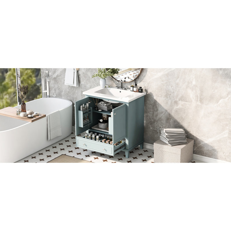 Meuble-lavabo moderne de 30 pouces avec lavabo sous-comptoir, bois massif et fabrication, étagère de rangement fonctionnelle réglable en caoutchouc, tablette dans l'armoire