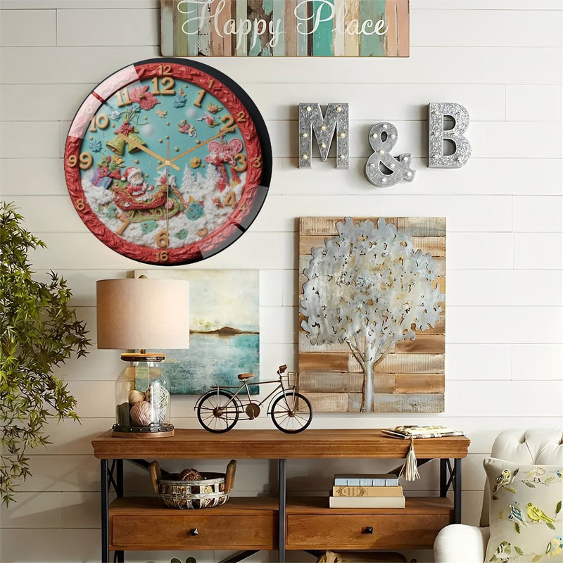 Horloge murale de Noël-Horloge-Père Noël-Traîneau-Neige - Horloge murale moderne en verre 12 po