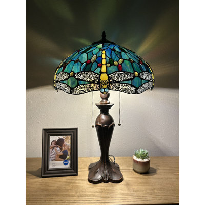 Chenault Tiffany Table Lamp Green Stained Glass Dragonfly LED Bulbs Included 16"W*16"D*24"H