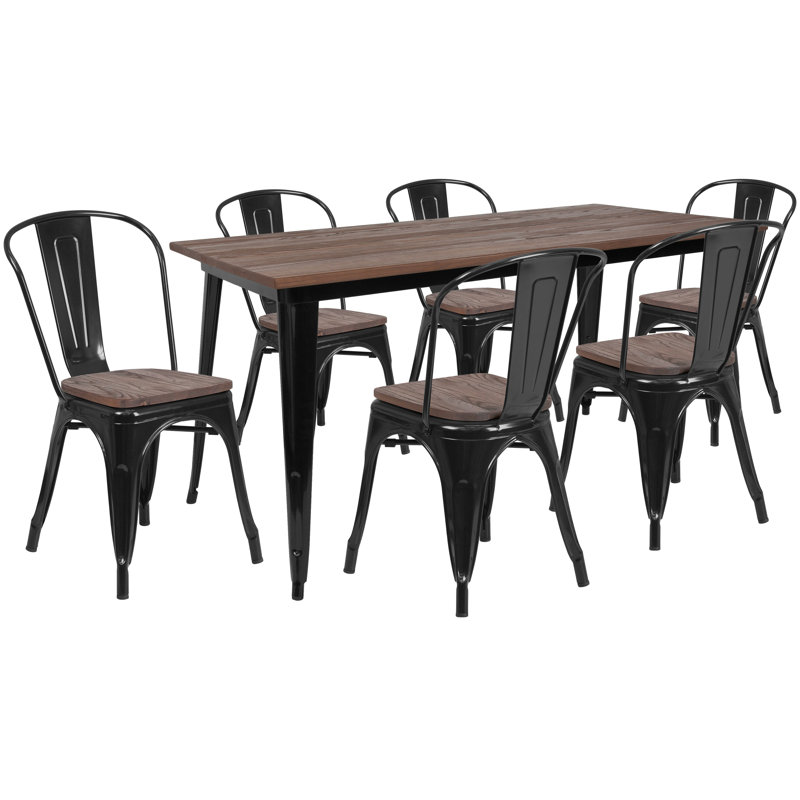 Ensemble de salle à manger en bois massif 7 pièces Lafonya, Noir, Brun, 7 pièces