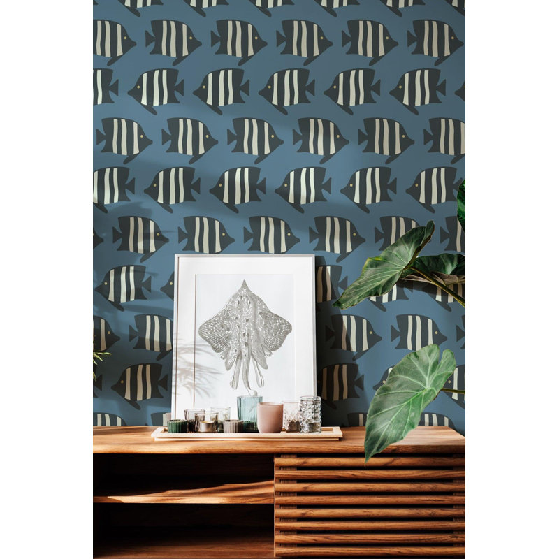 Coastal Fish - Wallpaper, Green, Faux Grasscloth