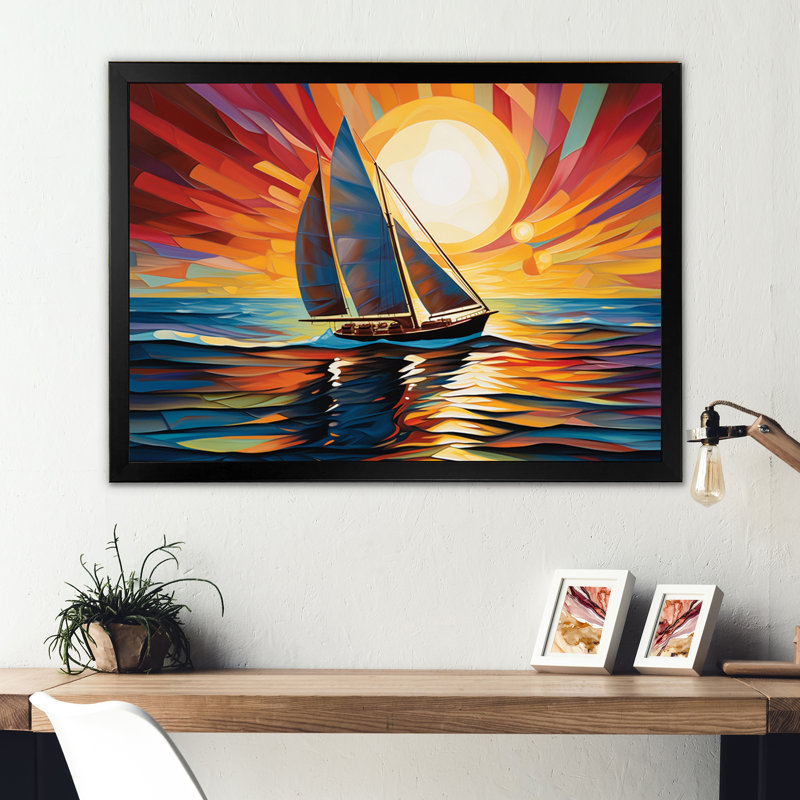 Voilier à voile, mélodie III - Bateau à voile, art mural, H 12 po x l 20 po x P 1 po, Cadre simple noir