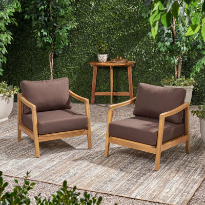 Outdoor Club Chair , Acacia Wood Frame with Rope Back Detail, Water-Repellent Brown Cushions for Patio/Backyard/Deck (Set of 2)
