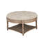 Grande table basse ronde capitonnée avec tablette de rangement en bois