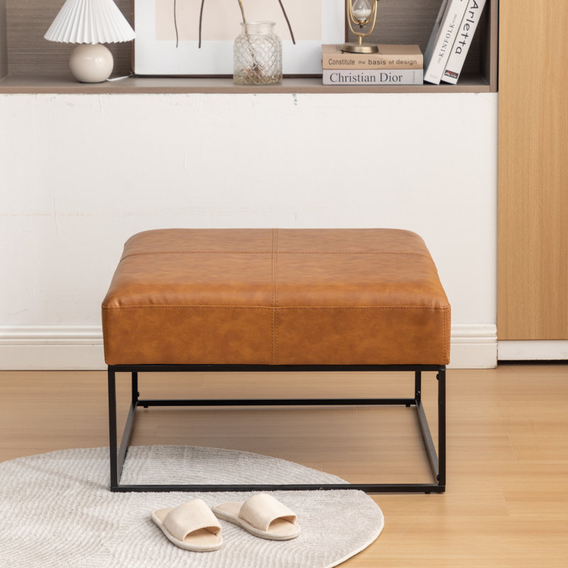 Cattibrie Leather Upholstered Square Ottoman, Brown Faux Leather