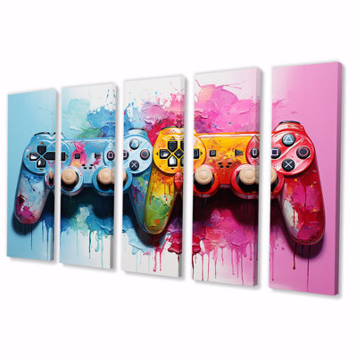 "Pink and Blue Ps Video Game Controllers" - Art vidéo mural 5 pièces