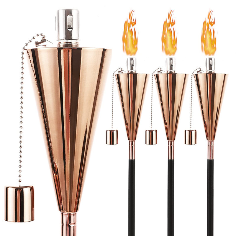 Lampe torche à huile de 55 po pour l'extérieur - Ensemble de 4 torches en acier inoxydable à l'épreuve de la rouille, 12,17 oz, comprenant un entonnoir et des mèches en fibre de verre pour la cour (Or rose)
