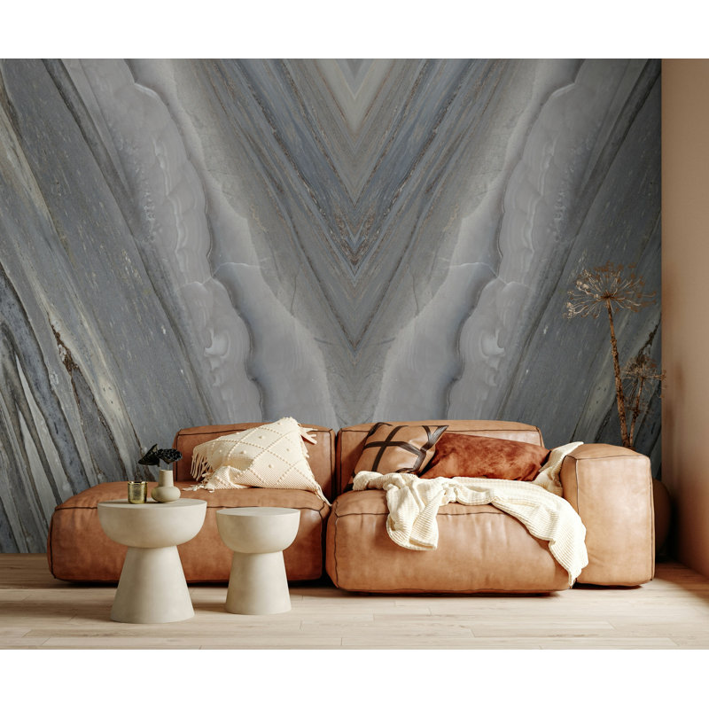 Papier peint à motif de chevrons gris marbre aspect pierre neutre, L 115 po x l 225 po