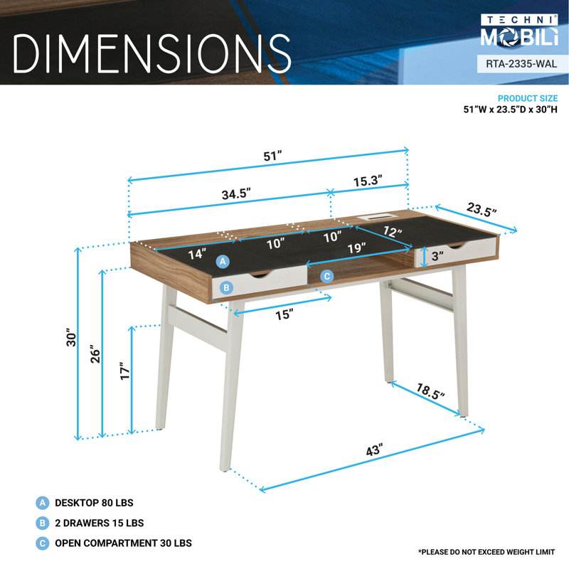 Techni Mobili Compact Computer Desk With Multiple Storage, Walnut