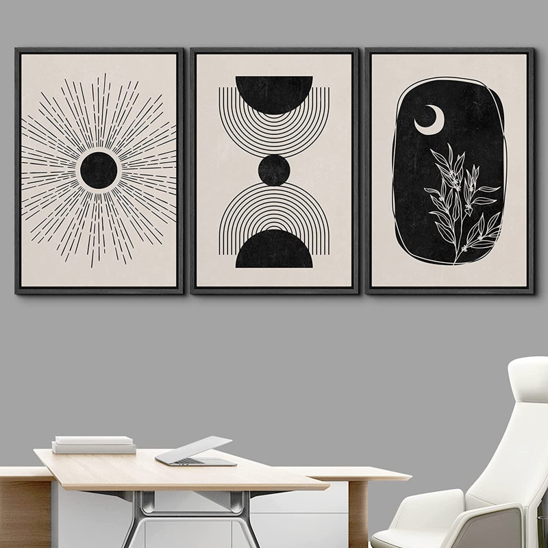 Mid Century Modern Boho 3 Piece Floater Frame Graphic Art on Canvas, 36" H x 72" W x 1.5" D, Black