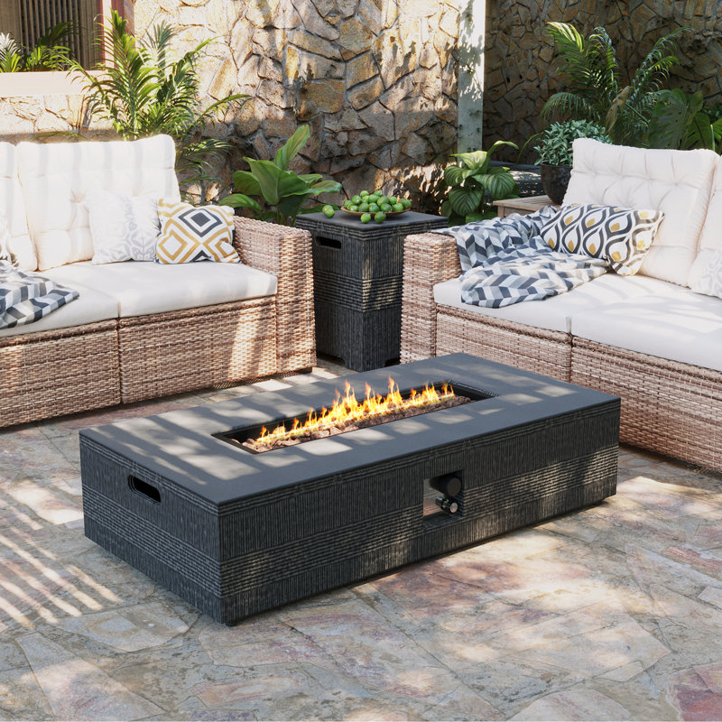 56 in. Rectangular Magnesium Oxide Outdoor Fire Pit Table with Tank Cover and Rain Cover, Dark Gray
