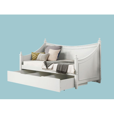Transitional Style Twin Daybed Molding Design White Finish Mattress Ready Poster Design With Finials Solid Wood Structure
