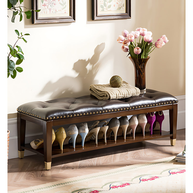 Banc de rangement pour chaussures en bois massif avec revêtement en cuir, Brown