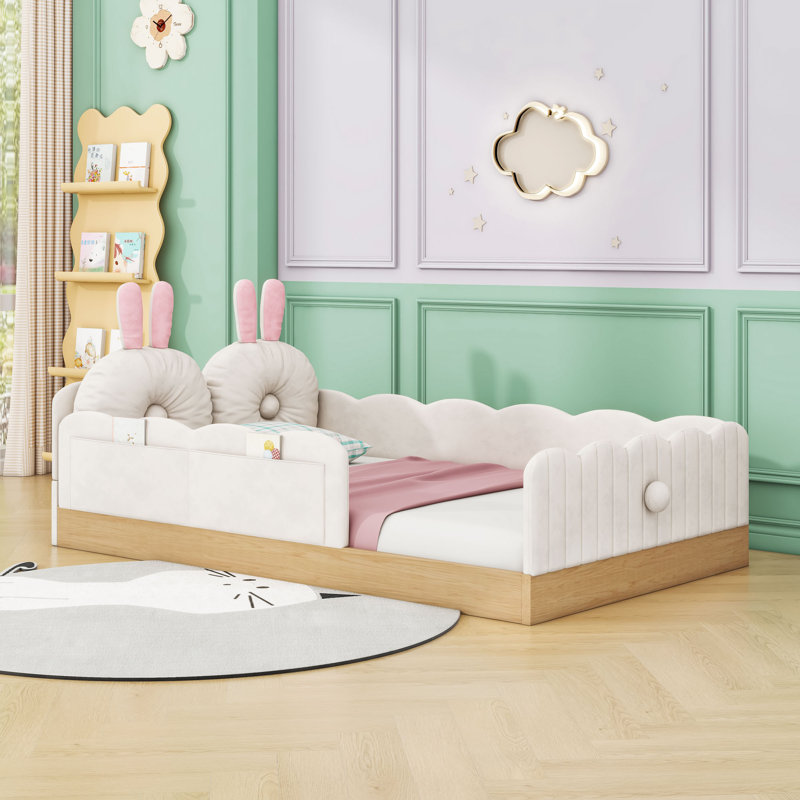 Lit plateforme tapissier avec sacs de rangement, Beige