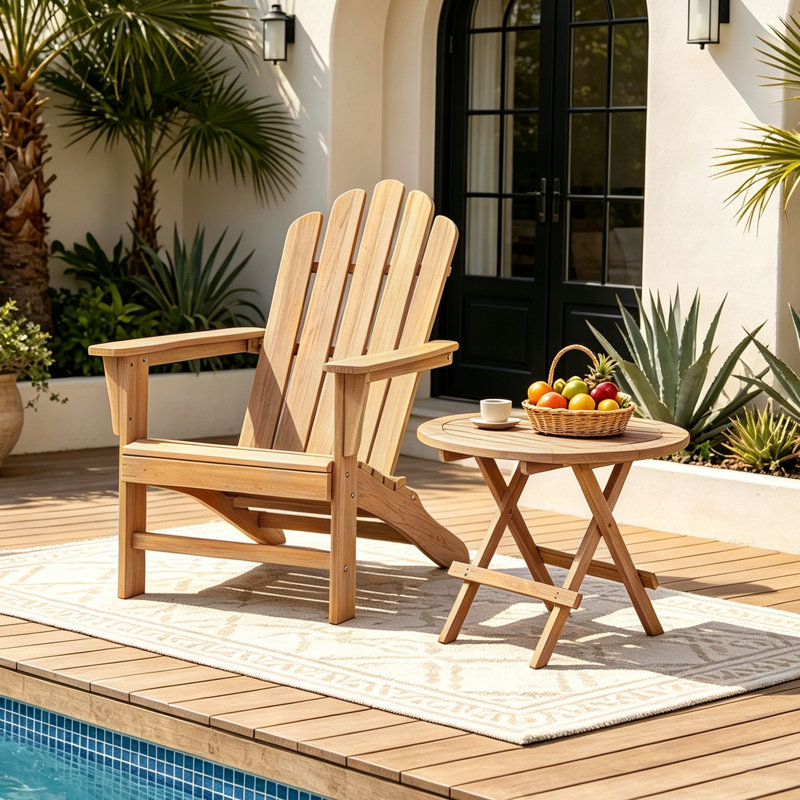 Chaslynn Grade A Teak Adirondack Chair with Teak Folding Table, 1 Round Table + 1 Chair