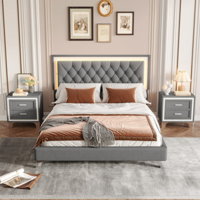 3-Pieces Bedroom Sets,Queen Size Upholstered Platform Bed With LED Lights And Two Nightstands