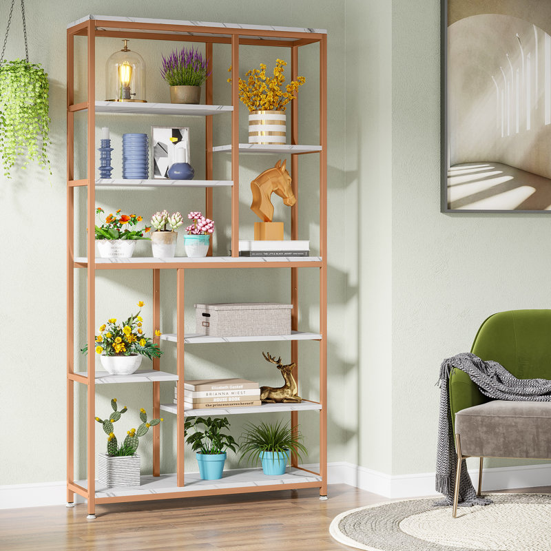 Grizel 79" H x 39" W Tall Etagere Bookshelves Bookcase, Gold/White