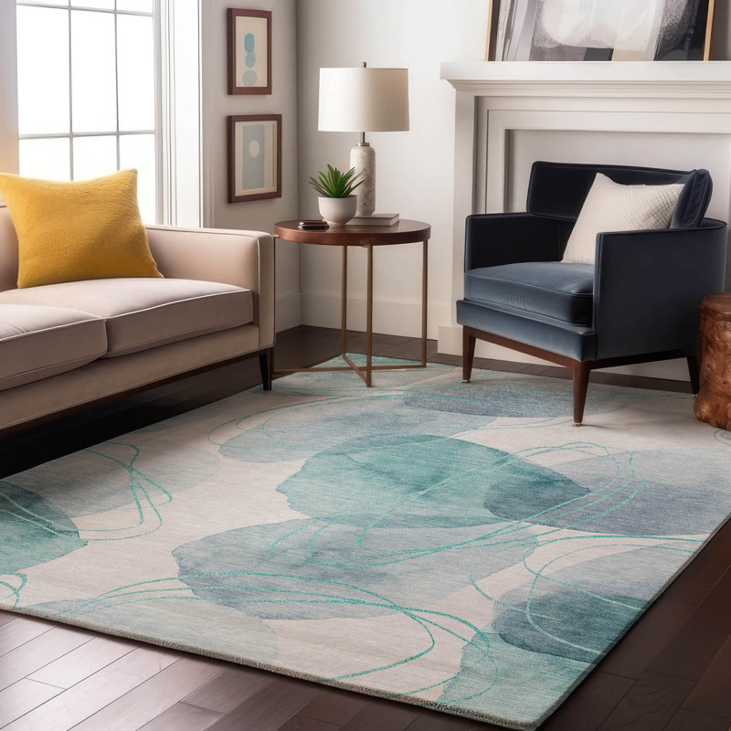 Premium Machine Washable Cerrito AMF544 Teal Rug, Rectangle 8' x 10'
