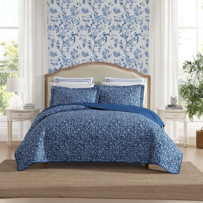 Ensemble de courtepointe réversible en coton Laura Ashley, Motif floral bleu