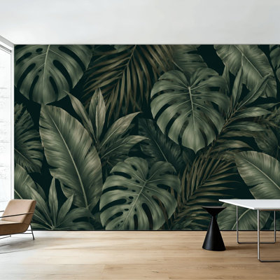 Peel and Stick Wallpaper Monstera Palm Leaf Tropical Dark Green Wall Murals 100"H x 144"W Removable PVC Wall Paper Self-Adhesive Wall Decor for Bedroom Living Room Home Office