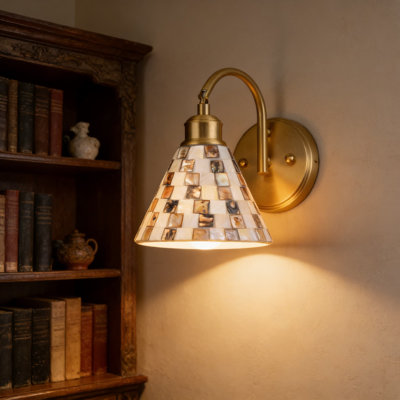 Modern Brass Wall Sconce With Natural Seashell Mosaic Lampshade, Remote Control Dimmable LED Bulb, Adjustable Brightness & Color Temperature, Plug-In Wall Light For Living Room, Bedroom, Hallway