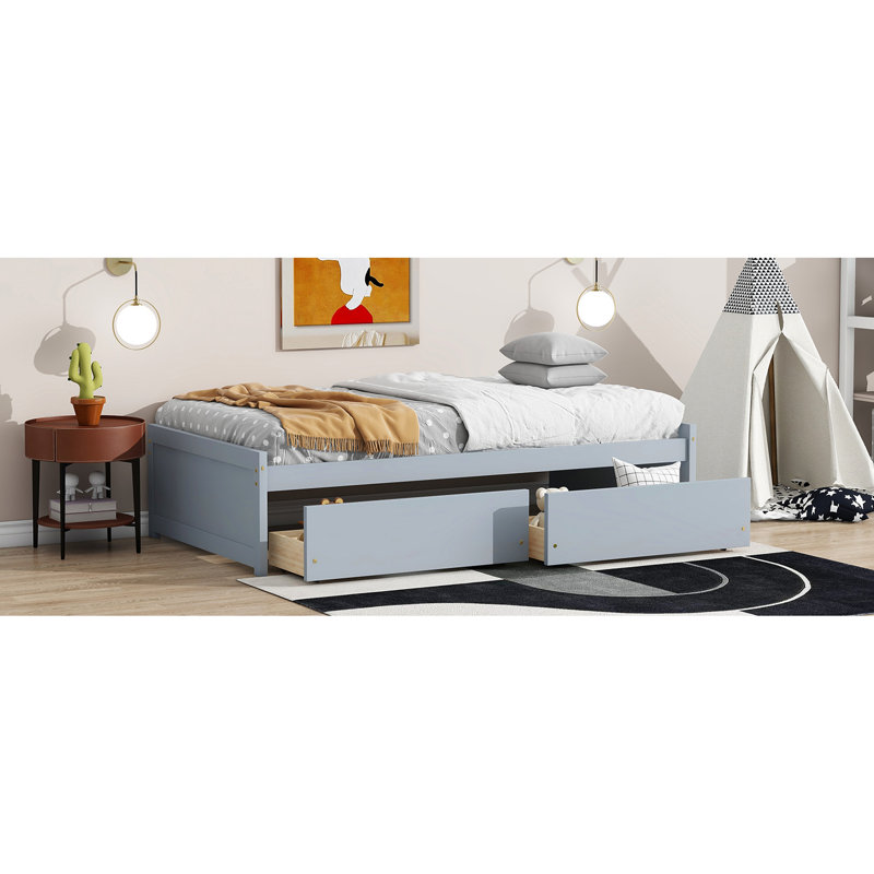 Lit simple avec 2 tiroirs, lit en bois d'hévéa gris, surface de sommeil confortable, grande capacité de tiroir en gris massif et assemblage confortable et facile