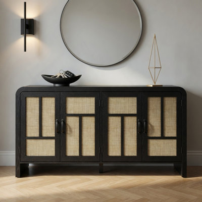59" Wide Black Rattan Sideboard Buffet Cabinet - 4 Doors & Adjustable Shelves