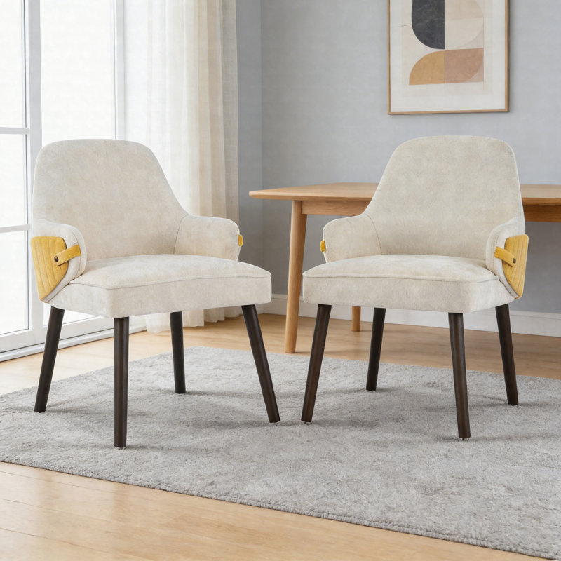 Dining Chairs Set Of 2, Two-Tone Upholstered Armchairs With Curved Back And Sturdy Frame, Beige/Yellow
