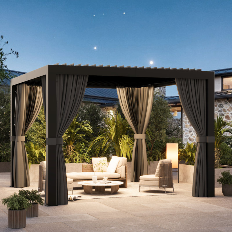 Aurora X 10 pi  Pergola à persiennes avec amants à double couche réglables, système de gouttière intégré et prise d'alimentation USB, moustiquaire et rideaux
