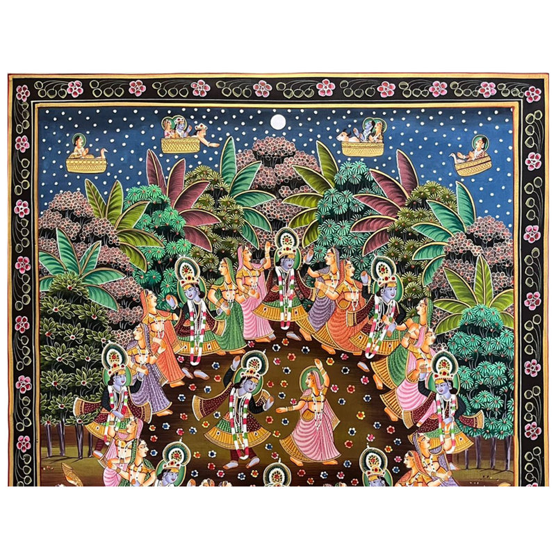 Lord Krishna dansant avec Radha | Art Pichwai | Aquarelle sur coton
