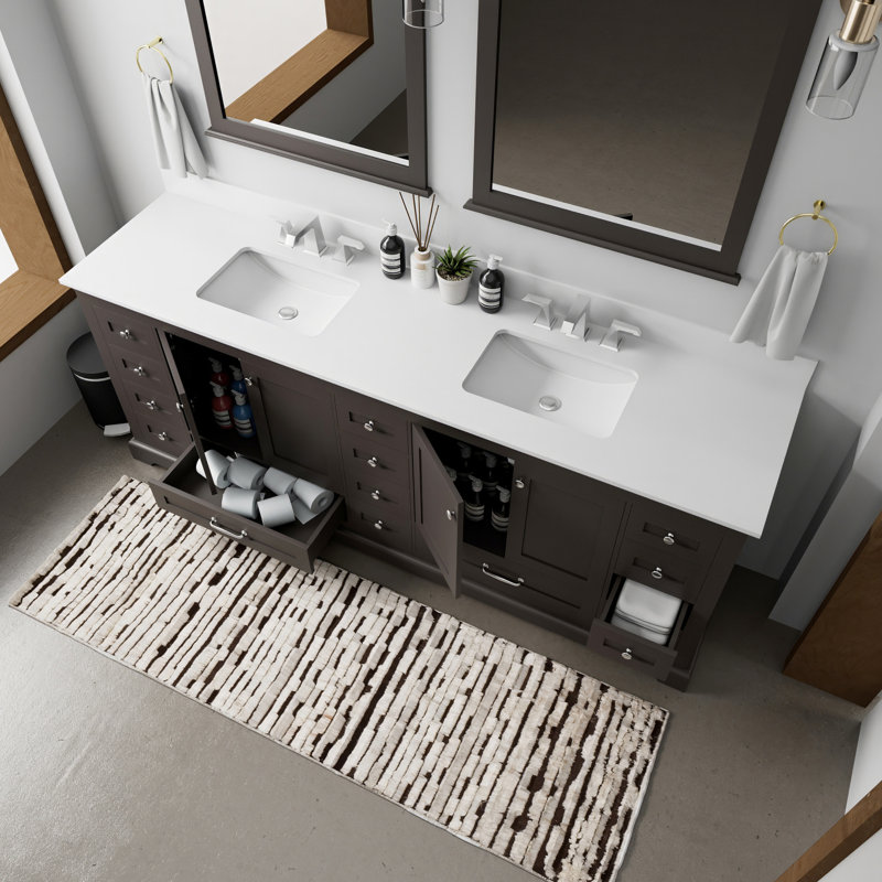Meuble-lavabo double 84 po X 22 po, plateau en marbre de culture, robinet inclus, 34 miroirs, éraflures et taches avec du robinet, teinture pour la durabilité